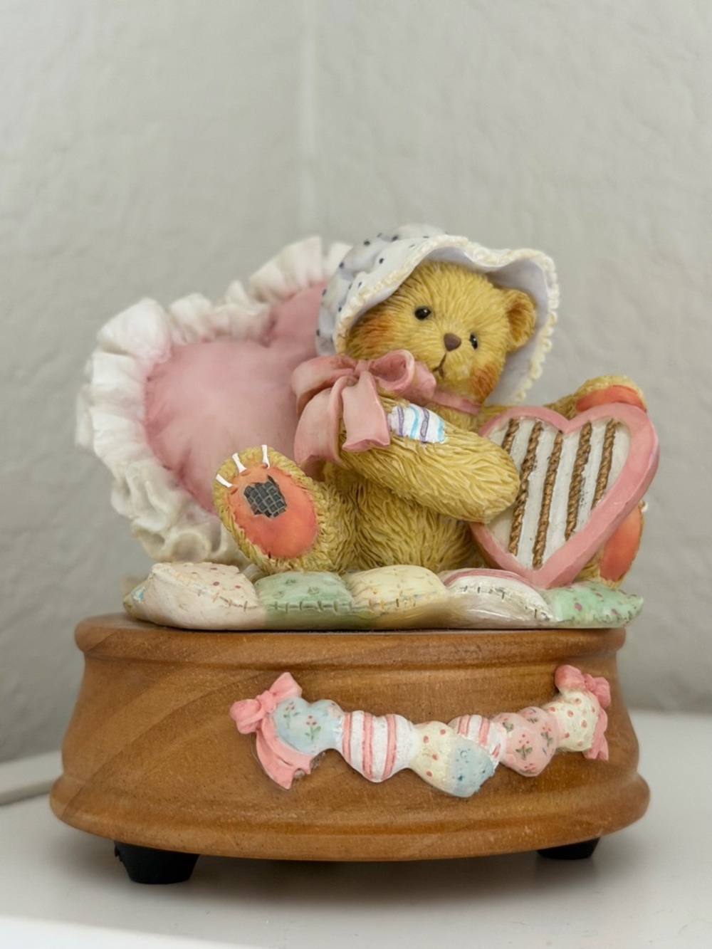 Cherished Teddies Cream and Pink Bear Music Box Figurine